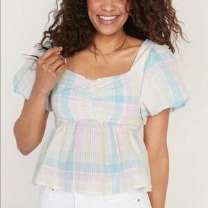 Old Navy Puff-Sleeve Smocked Seersucker Babydoll Swing Top XXL Pastel Plaid NWT